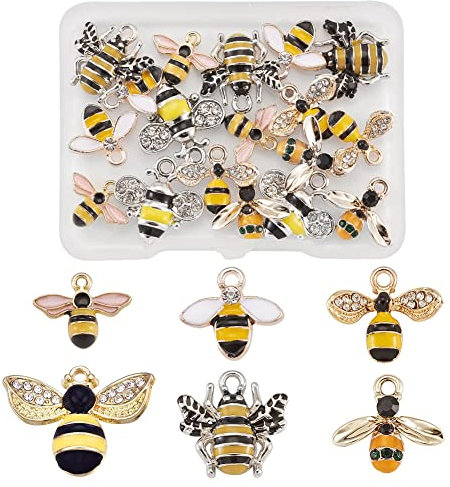 Craftdady 24 Stück Emaille Biene gemischte baumelnde Charms 6 Stile Honigbiene Fliegen Insekten schwebende Anhänger für Schmuck Basteln, Loch: 1,2–2 mm
