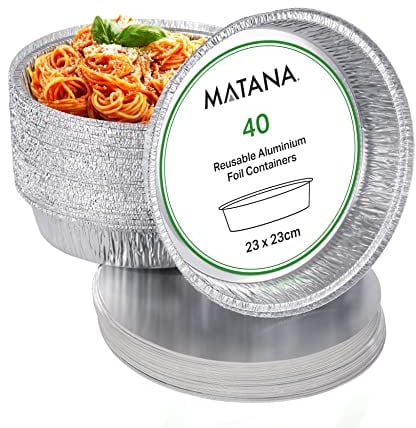 MATANA 40 Bandejas Redondas Desechables de Aluminio con Tapa - 1060ml