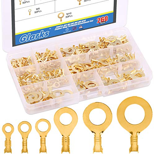 Glarks 260 Stück M3 M4 M5 M6 M8 M10 Kupfer Ringkabelschuh-Sortiment Set nicht isoliert Kupfer Ringösen offen Barrel Draht Crimpverbinder Kit