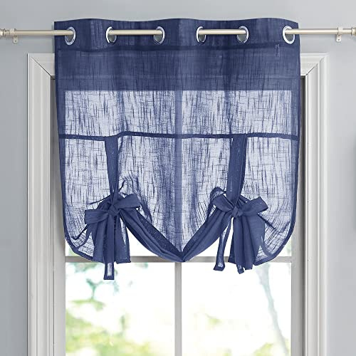 PONY DANCE Kitchen Curtains for Window - Semi-Sheer Decorative Roman Blind for Bedroom Tie Up Shades Short Window Covering, 42 Wide by 54 Long, Navy Blue, Set of 1