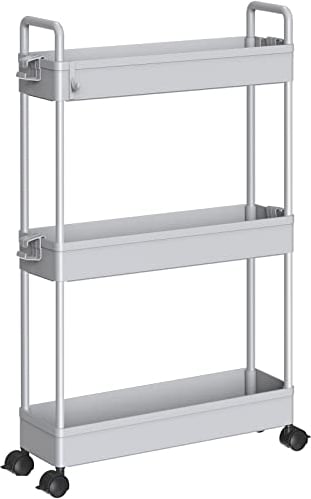 SOLEJAZZ 3-Tier Storage Trolley Cart Slide-out Slim Rolling Utility Cart Mobile Storage Shelving Organizer for Kitchen, Bathroom, Laundry Room, Bedroom, Narrow Places, Plastic, Grey