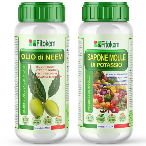 Fitokem Sapone Molle di Potassio e Olio di Neem 250 ml + 250 ml Protezione Piante Corroborante Naturale per Orto e Giardino contro Afidi e Cocciniglia Residuo Zero Made in Italy