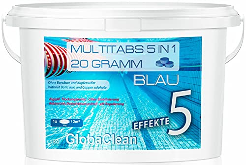 GlobaClean Multitabs 5 in 1 20g - 3kg Blau - Chlortabletten für Pool mit 5-Phasen zur Pflege, Reinigung & Desinfektion - Mini Chlortabletten für Pool - für kristallklares und hygienisches Poolwasser