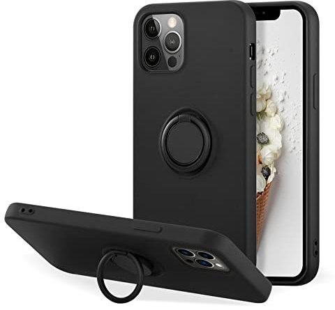 UEEBAI Case for iPhone 13 Pro, Ultra Slim Liquid Silicone Phone Case with 360 Rotatable Ring Holder Kickstand with Magnetic Car Mount Gel Rubber TPU Bumper Shockproof Cover - Black
