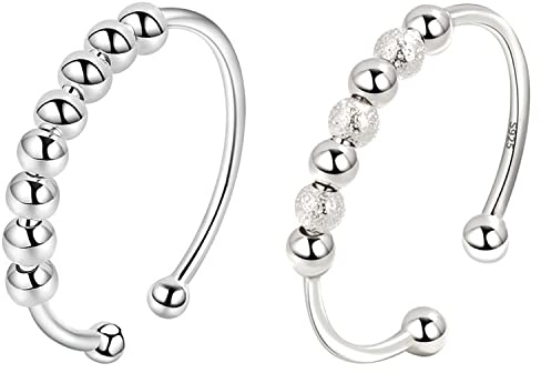 VELESAY Anillo de Ansiedad Fidget Plata de Ley 925 Anillo de Plata Esterlina con Perlas Anillos para Mujeres Giratorios Fidget Anillos Mujer Plata de Ley Anillos Mujer Plata Anillos Ajustable