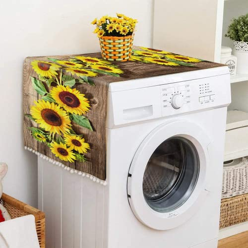 Anti-slip Washer and Dryer Top Covers,Dustproof Washer and Dryer Covers for The Top Fridge Dust Cover With 4 Storage Sunflower Wood Background