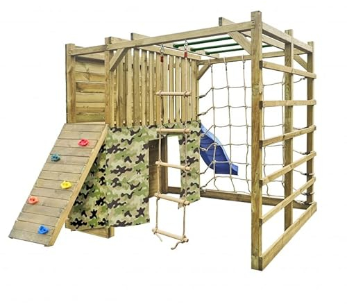4IQ Group Klettergerüst Outdoor Kubischer Omega 225 x 447 x 210 cm Würfel - Spielplatz für Garten mit Kinderrutsche und Kletterwand mit Sprossenwand - Spielturm (Omega Moro)