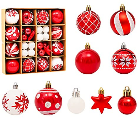 Fyfjur Weihnachtskugeln Rot Weiß, Weinachtskugelset, 42 Stück Weihnachtsbaumkugeln, Exquisit Plastik Weihnachtskugeln, Wetterfeste Weihnachtskugeln, WeihnachtsbaumschmuckSet Christmas Tree Decoration