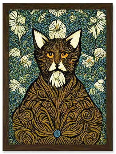 Doppelganger33 LTD Floral Paisley Illustrated Golden Cat William Morris Artwork Framed Wall Art Print A4