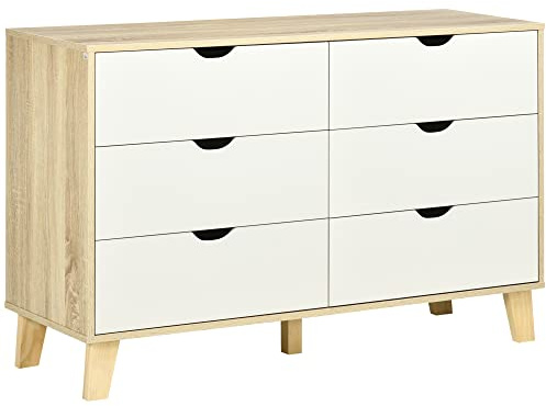 HOMCOM Bedroom Chest of Drawers, Wide 6-Drawer Dresser, Storage Drawer Unit with Wood Legs for Living Room, White and Light Brown