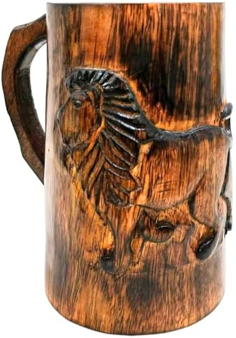 collectiblesBuy Hand-carved Antique Brown Lion Design Wooden Coffee Mug Rustic Tankard with Handle for Tea Wine Beer Ideal for Men Camping Travel Outdoor Use