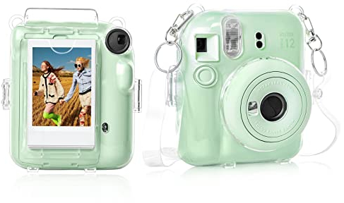 Rieibi Tasche für Fuji Instax Mini 12,Hülle für Fujifilm Instax Mini 12 Sofortbildkamera, Schultergurt und schönem Aufkleber für Instax Mini 12 – verbesserte transparent