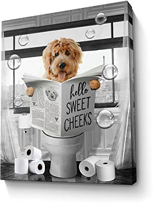 Décoration murale amusante en forme de chien noir et blanc – Peinture encadrée – Motif chien assis dans les toilettes – Peinture encadrée – 30,5 x 40,6 cm