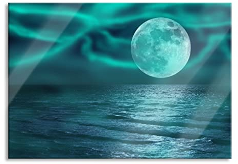 Pixxprint Glasbild, Wandbild aus Echtglas, ruhiges Meer mit Vollmond, 60x40 cm, inkl. Aufhängung und Abstandshalter