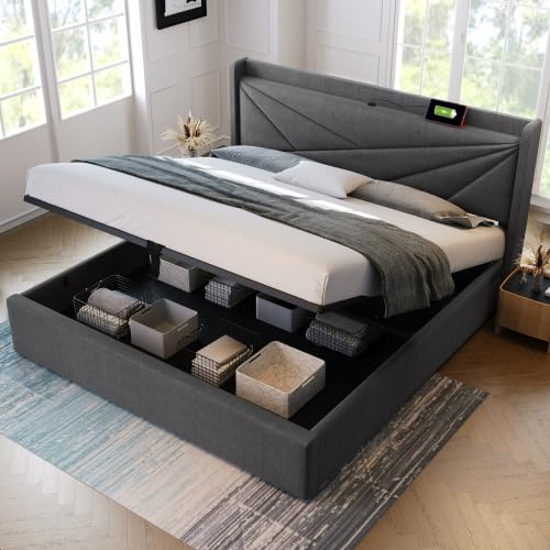 Kayan Polsterbett Doppelbett Stauraum Bettkasten mit USB Typ C Ladefunktion Kopfteil, Stauraumbetten Bettgestell aus Leinenmaterial Jugendbett mit lattenrost, Ohne Matratze (140 x 200 cm, Grau)