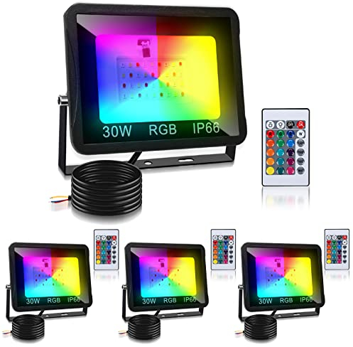 Herrselsam RGB LED Strahler 30W, Fluter Mit Fernbedienung Außen Dimmbar, 16 Farben 4 Modi, IP66 Wasserdicht für Party, Garten, Stimmungslicht (4 Stück)