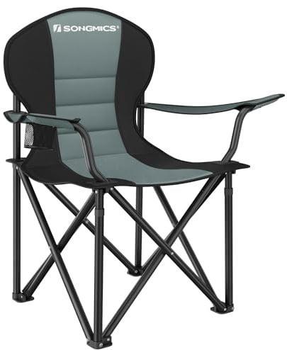 SONGMICS Strandstuhl, Campingstuhl, Klappstuhl mit Getränkehalter, Schaumstoffpolsterung, klappbar, bis 250 kg belastbar, Outdoor-Stuhl, grün-schwarz GCB006C01