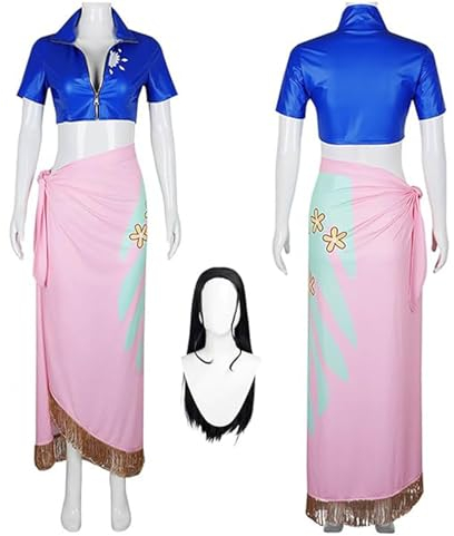 DJFOG Anime One Piece Nico Robin Cosplay-Kostüm mit Perücke für Frauen und Mädchen, sexy blaue Uniformkleider, komplettes Set, Halloween-Party, Karneval, Anziehanzug,Blau,L