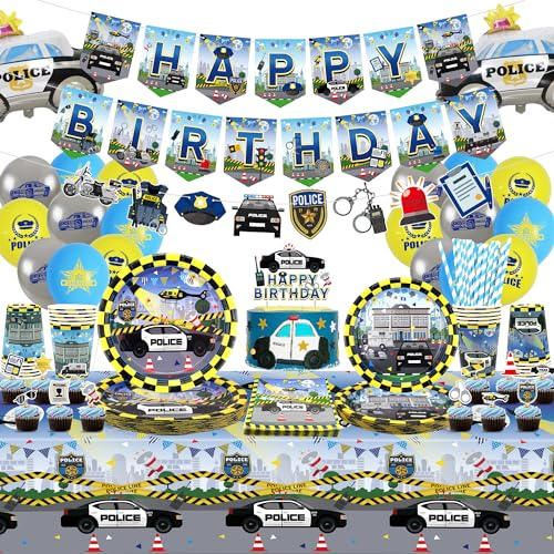 Obussgar Polizei Geburtstag Party Dekorationen - Polizei Party Zubehör einschließlich Banner, Kuchen Topper, Teller, Tassen, Servietten, Tischdecken, Luftballons - für 20 Gäste (Banner)