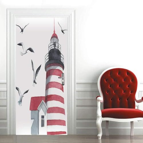 Türtapete Selbstklebend 3D Möwen-Leuchtturm 77 X 200 Cm Türtapete Selbstklebend Türposter Fototapete Türfolie Poster Tapete 3D Türaufkleber Diy Türbild - Kinderzimmer Wohnzimmer Küche Schlafzimmer Tü