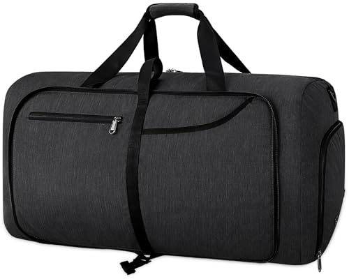 RAINSMORE Bolsa de Viaje Plegable 65L Ultraligero Grande Bolsa Deporte para Hombre Mujere con Compartimento Zapatos Travel Bag Bolsa Gimnasio Negro
