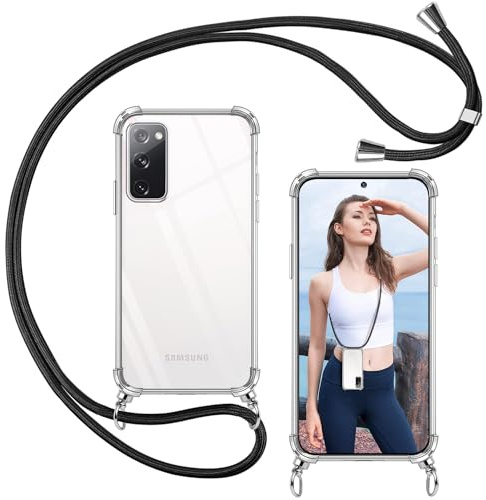 ISOI - Funda Cuerda para Samsung Galaxy S20 FE, Colgante Collar Correa de Cuello Cadena, Carcasa Transparente Cordón Suave TPU Silicona, Parachoques de Airbag a Prueba de Golpes- Negro