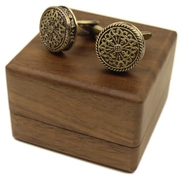 Classic Brass Cufflinks for Men, Vintage Round Design, Men's Tuxedo Shirt Accessories with Walnut Wood Gift Box, Ideal for Wedding, Anniversary or Father's Day