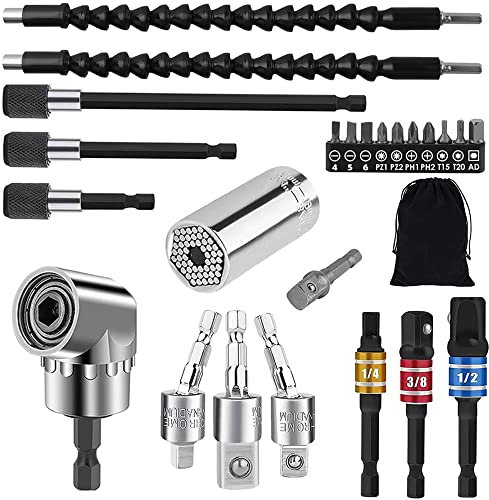 Flexible Drill Bit Extension and Universal Socket Wrench Tool Set, Hex Shank 105° Right Angle Drill Attachmen, 1/4 3/8 1/2 Universal Socket Adapter Set, Drill Bit Holder Screwdriver Bit Kit