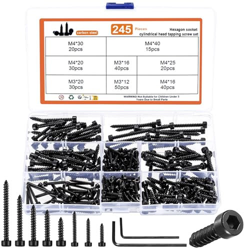 245 Pièces M3 M4 Vis Autotaraudeuses, Vis à Bois, Assortiment de Vis à Tête Creuse Hexagonale, Vis à Six Pans Creux, Vis Autoperceuses pour Réparation, Bricolage, Meubles, Terrasse en Aggloméré