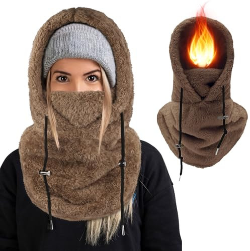 Lyneun Plüsch Sturmhaube Mütze Winter Thermo Skimaske, Winddichte Gesichtsmaske Balaclava, Verstellbare Skimaske Kapuzenschal für Herren Damen, Halswärmer Sturmhaube Ski Maske für Winter Sport(Braun)