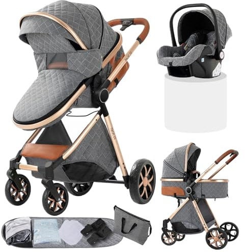Doraystar Kinderwagen 3 in 1, Kombikinderwagen 3 in 1 mit Zwei Umkehrbaren Schiebemodi, Kinderwagen Set mit Ein-Klick-Faltdesign, Kinderwagen Komplettset Rahmen Aluminiumlegierung (V9 Grey)