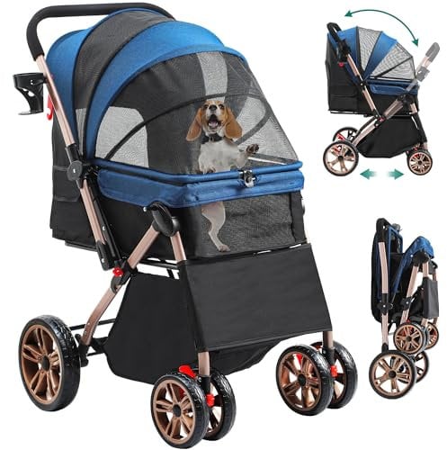 YITAHOME Dog Stroller,Foldable Dog Pram 3 in 1 Pet Buggy Pet Pushchair for Medium Dogs with Storage Basket Net Window Cup Holder 360 ° Wear-Resistant Rubber Wheels