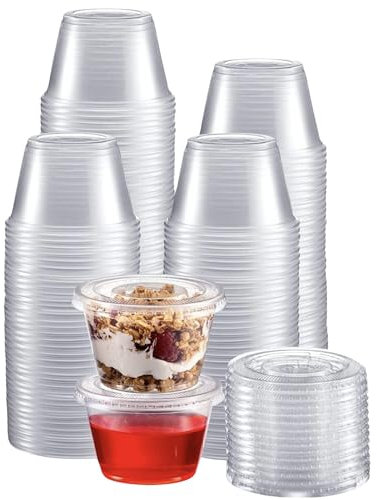 CaterCo 4oz / 100ml Sauce Pot (200 Pack) Containers with Secure Lids - Multi-Use, Leakproof, Round Clear Plastic Storage Container Pots For Sauces, Ketchup, Dips, Salads, Takeaway - (4oz - 200 Pack)