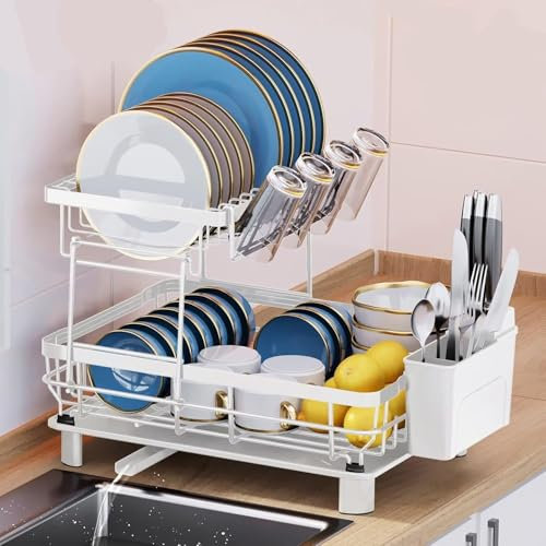 SPUSEN Dish Drainer, 2 Tier Space-Saving Dish Rack, Stainless Steel Dish Racks for Kitchen Counter, Dish Drainer with Removable Utensil Holder, Drainboard, White