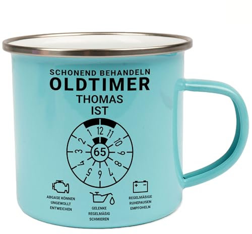 Kiddle-Design Personalisierte Tasse 65. Geburtstag, Schonend behandeln Oldtimer ist 65, 65ter Geburtstag Lustiges Geschenk Mann Frau, Emaille-Tasse Blau