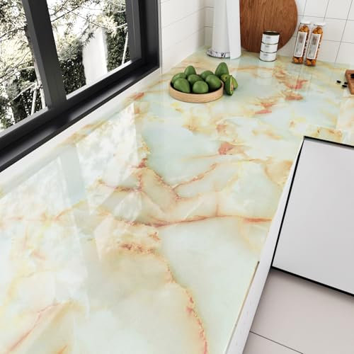 HotDecor Kitchen Worktop Covering Vinyl Self Adhesive Yellow Marble Wallpaper Sticky Back Plastic Yellow Marble Vinyl Wrap for Kitchen Worktop Furniture Washable Bathroom Wallpapers 40 x 200cm