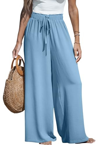 CUPSHE Women Trousers Drawstring Wide Leg High Waist Casual Beach Lightweight Summer Trousers, Sky Blue, L
