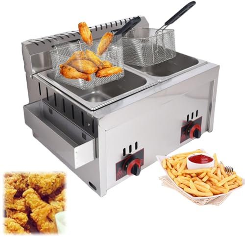 ORNDYDM Friteuse à Gaz Commerciale Professionnelle,Friteuse Double Bac,Friteuse Grande Capacité Lpg en Acier Inoxydable avec Paniers Et Couvercle Puissance De Feu RéGlable