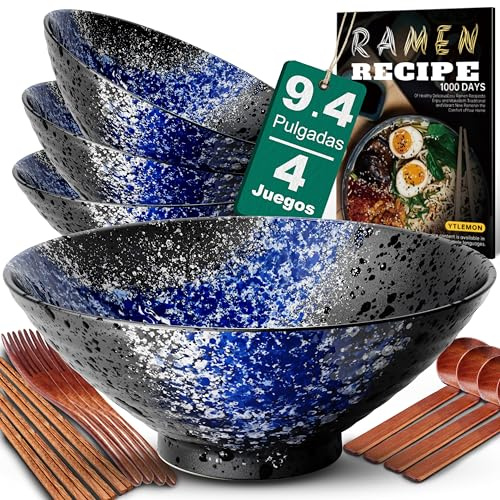 9.4Inch Ceramic Ramen Bowl Set of 4 (17 Piece) - Porcelain Japanese Salad Noodles Cereal Fruit Pasta Soup Large Bowls with Recipes Chopsticks Forks Spoons for Men Women Gift Microwave Dishwasher Safe