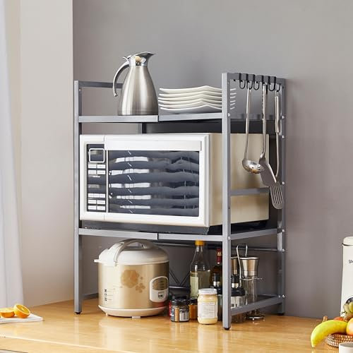 nozama 3-Tier Expandable Microwave Oven Rack with 6 Hooks, Adjustable Metal Kitchen Shelf with Storage Organizer, Grey Baker Storage Rack