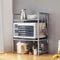 nozama 3-Tier Expandable Microwave Oven Rack with 6 Hooks, Adjustable Metal Kitchen Shelf with Storage Organizer, Grey Baker Storage Rack