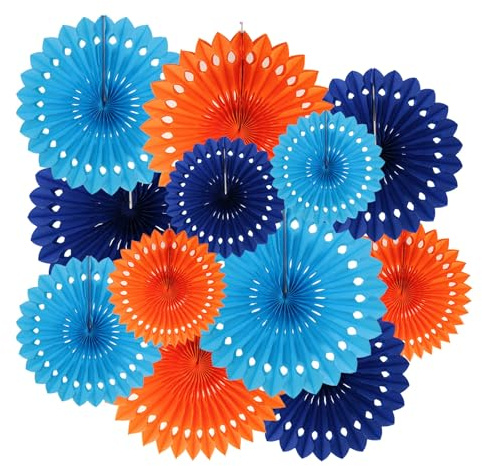ZYOOO 12 Stück Papier Fächer Deko,Papierfächer Hängend Girlande Blau Orange Party Deko Set für Hochzeit Geburtstag Baby Shower Tea Party Backdrop
