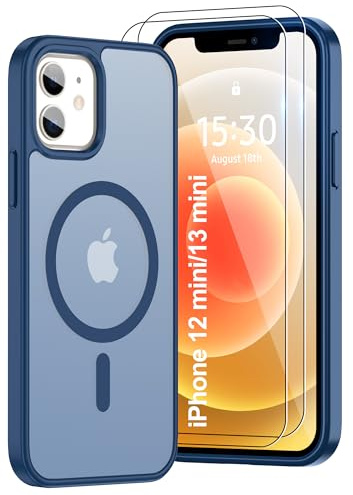 Pilaru Magnetic Case for iPhone 12 Mini/13 Mini [Compatible with MagSafe] 2X Screen Protector | Anti-Fingerprint, Shockproof, Skin-friendly Slim Fit Translucent for iPhone 12/13 Mini-Deep Blue