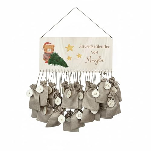 Personalisierbarer Adventskalender Tiger & Baum 2025 – DIY-Weihnachtskalender aus Holz mit 24 Geschenktüten & Zahlen – Adventskalender für Kinder – mit Namen personalisiert