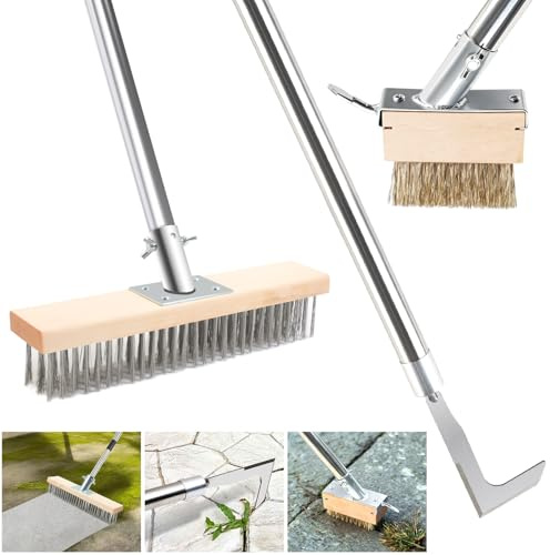 MaxEarn 3er Set Unkraut Entferner Gerät mit 160cm Teleskopstiel, Fugenkratzer Unkraut + Unkrautbürste + Drahtbesen Gartengeräte, Verstellbar Stiel Rasenrakel für Terrasse, Keller, Beton, Moos