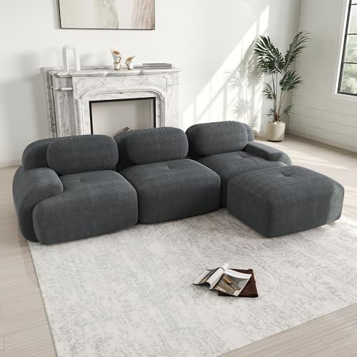 Bladez Modernes 3-Sitzer Cord Sofa Modulares L-förmiges Ecksofa mit Ottoman Hocker, Ohne Montage, Cloud Polstersofa Couchs kombinierbar, für Wohnzimmer (Grau, 3-Sitzer+1)