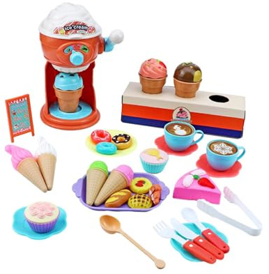 RCGOFOLLOW Pretend Play Kitchen Toys Ice Cream Maker Set With Dessert Trays Encourages Interactive Playtime Moments Early Educational Developmental Toy Birthday Gift