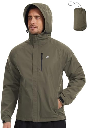 Huayuzh Regenjacke Herren Wasserdicht Atmungsaktiv Leichte Windbreaker Dünne Regenmantel Packbare Fahrrad Camping Wandern Armeegrün M