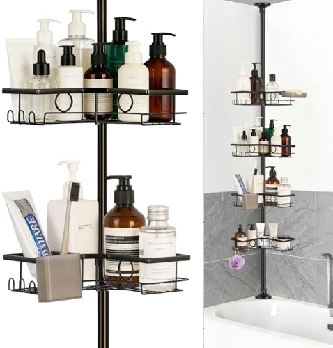 Duschregal Ohne Bohren Edelstahl Rostfrei, Teleskop Duschregal Höhenverstellbar 77,5–307,5 cm, Stabile Duschablage mit 4 Körben & Haken, Badregal für Dusche Ecke, Badewanne & Kleine Badezimmer