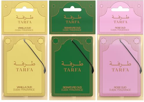 TARFA Luxury Car Air Freshener 3 Pack – Vanilla, Signature & Rose Oud | Dubai Formulated Oil-Based Carded Fresheners | Strong Long-Lasting Car Scent | UK Manufactured